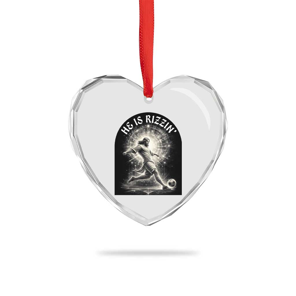 He Is Rizzin Heart Crystal Glass Ornament Funny Christian Faith Soccer Player Gift