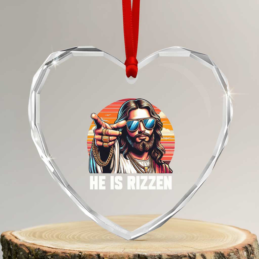 He is Rizzin Heart Crystal Glass Ornament Funny Jesus Vintage Faith - Wonder Print Shop