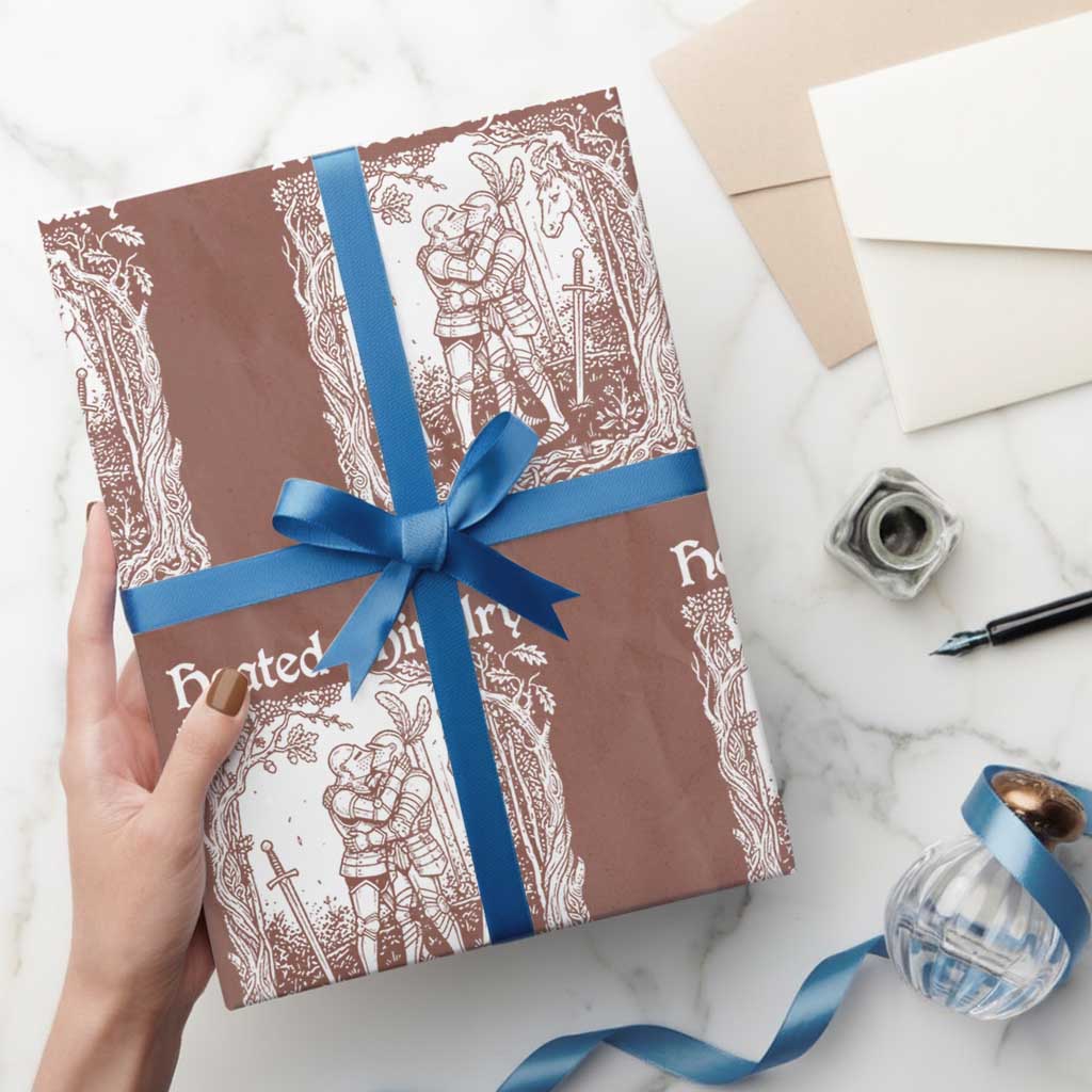 Heated Chivalry Kissing Knights Wrapping Paper Roll Romantic Funny Medieval Woodcut Fantasy Folklore Graphic
