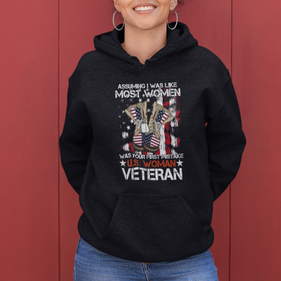 Female Veteran Hoodie Assuming I Was Like Most Women Was Your First Mistake American Flag Dog Tags And Combat Boots - Wonder Print Shop