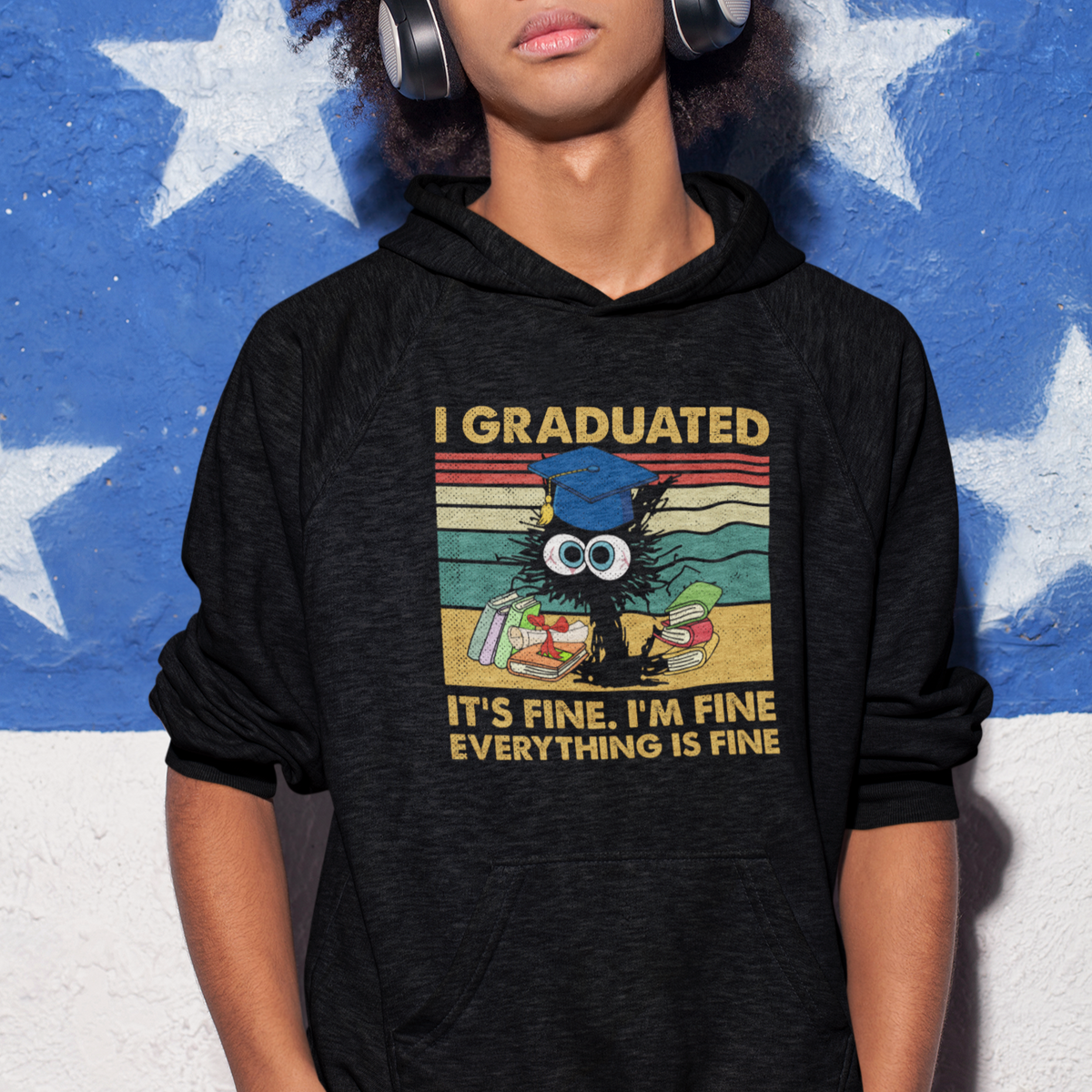 Last Day Of School Hoodie Black Cat It's Fine I'm Fine Everything - Wonder Print Shop