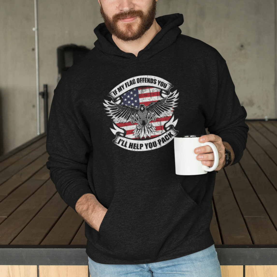 American Patriotic Hoodie If My Flag Offends You I'll Help You Pack American Flag Bald Eagle - Wonder Print Shop