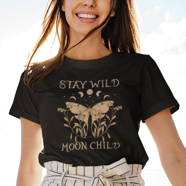 Moth T Shirt For Women Celestial Retro Boho Stay Wild Moon Child Mystic Botanical Gypsy Luna Moth Actias Luna Moon Phases Shirt for Women, Moth T-shirt, Spirituality Shirt - Wonder Print Shop