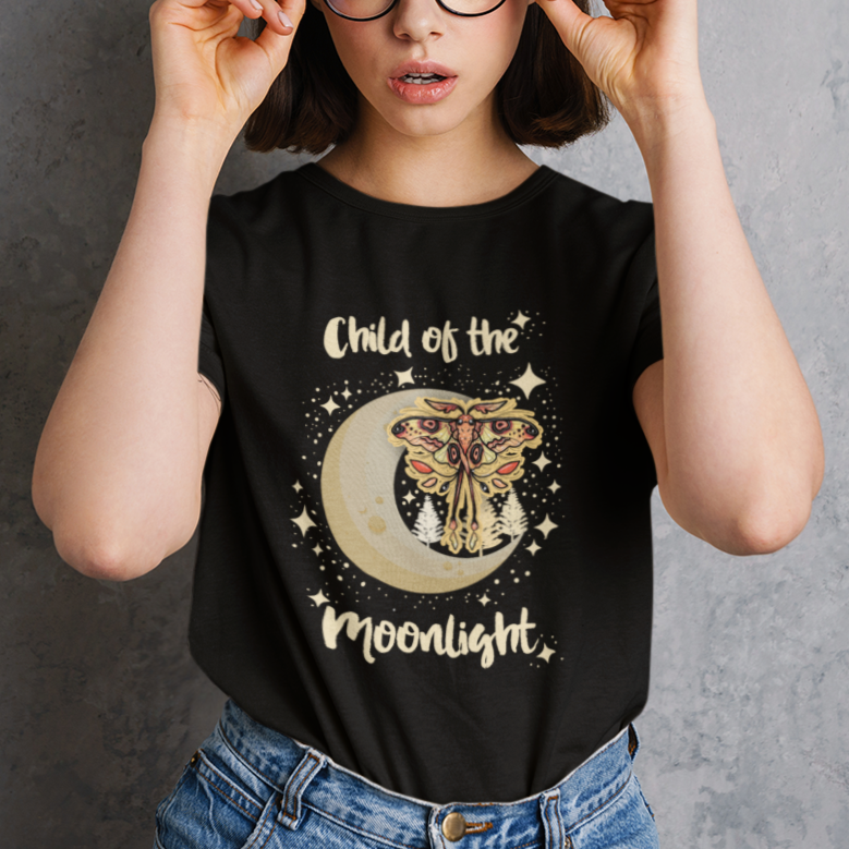 Moth T Shirt For Women Celestial Child Of The Moonlight Luna Moth Mystic Retro Boho Moon Child Actias Luna Crescent Moon Mystical Night Alchemy Shirt for Women, Moth T-shirt, Spirituality Shirt - Wonder Print Shop