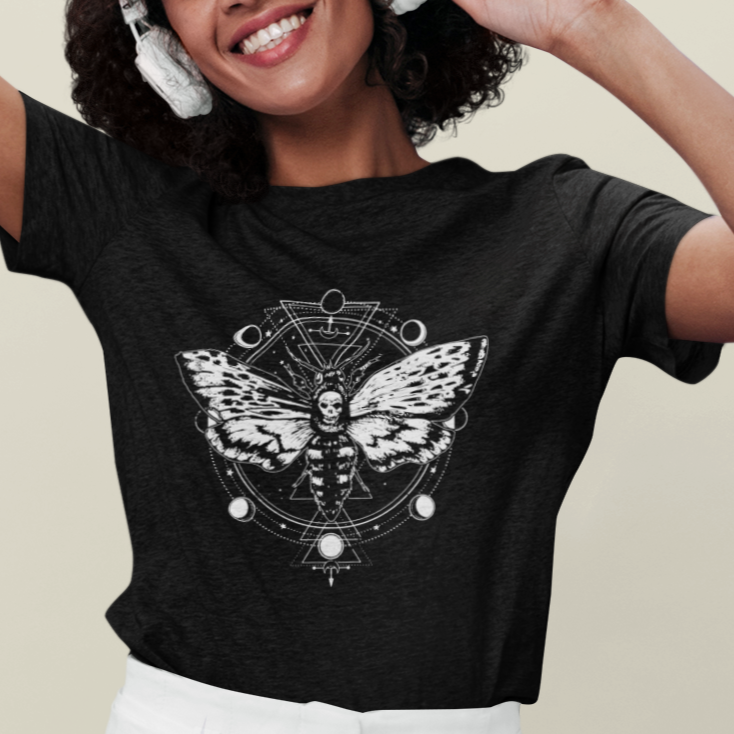 Moth T Shirt For Women Geometric Moon Phases Moth Death's Head Hawkmoth Occult Nature Mandala Mystic Night Peaceful Meditation Shirt for Women, Moth T-shirt, Spirituality Shirt - Wonder Print Shop