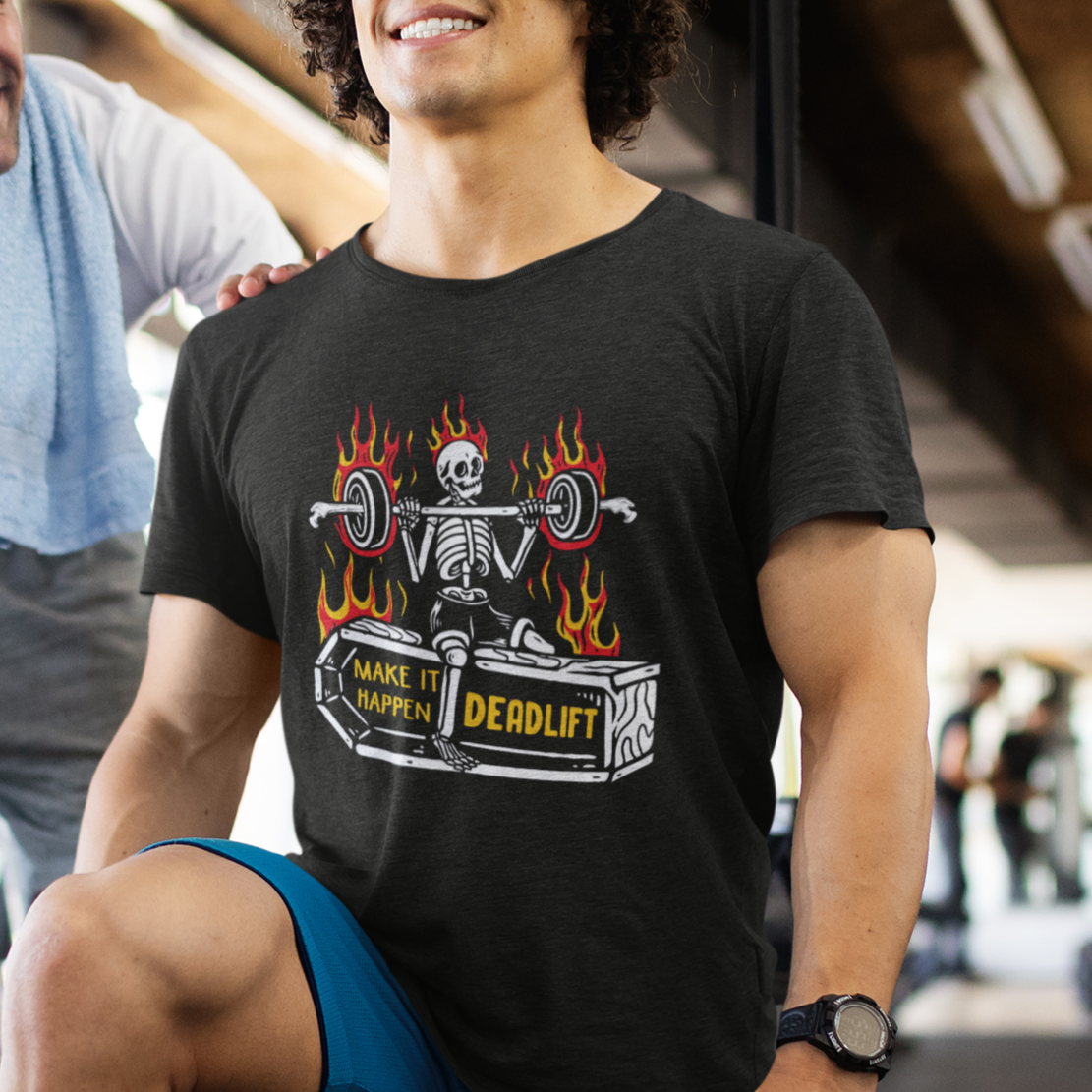 Halloween Gymer T Shirt Make It Happen Skeleton Deadlift Fitness Gym - Wonder Print Shop