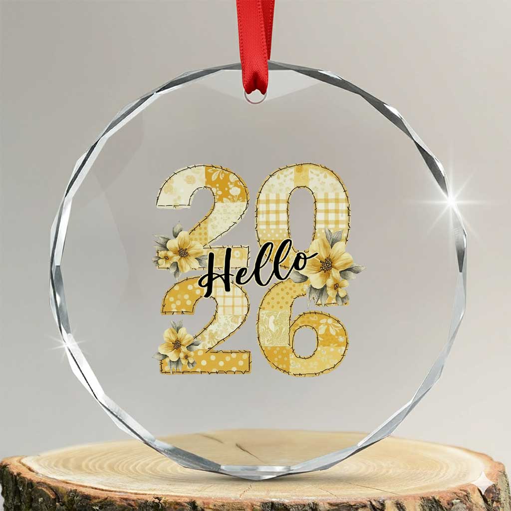 Hello New Year 2026 Vintage Floral Patchwork Quilt Crystal Glass Ornament - Wonder Print Shop