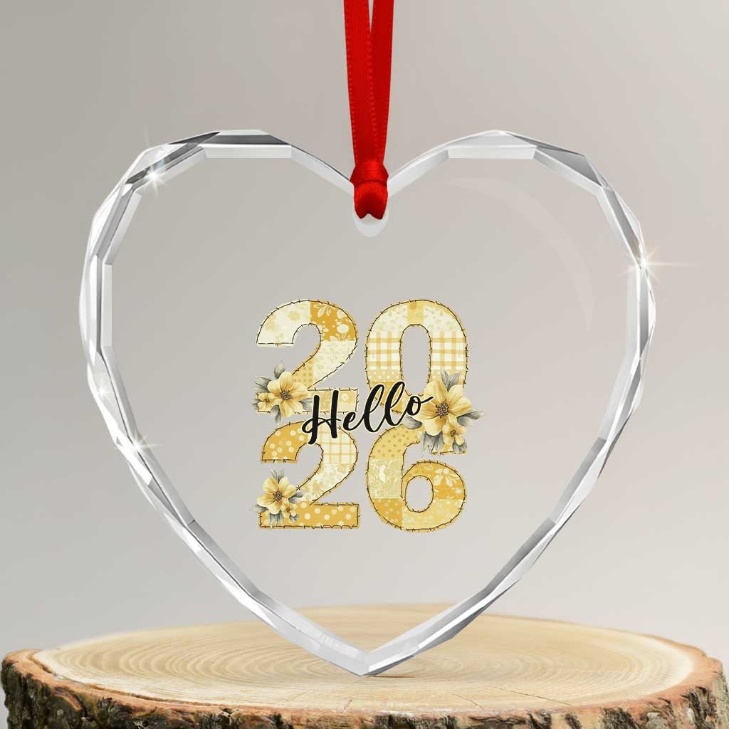 Hello New Year 2026 Vintage Floral Patchwork Quilt Heart Crystal Glass Ornament - Wonder Print Shop