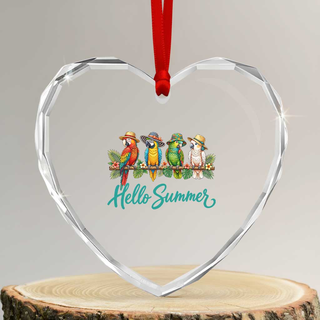 Hello Summer Parrots Heart Crystal Glass Ornament Tropical Beach Vacation Graphic
