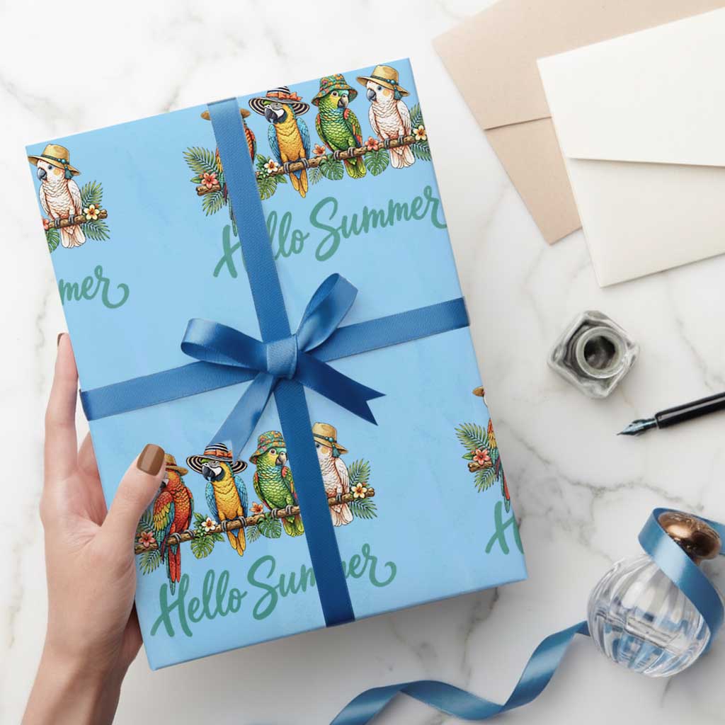 Hello Summer Parrots Wrapping Paper Roll Tropical Beach Vacation Graphic