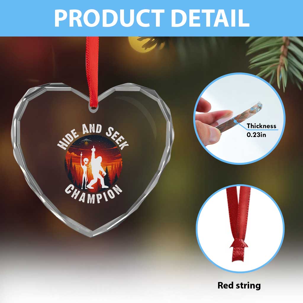 Hide And Seek Champion Heart Crystal Glass Ornament Funny Bigfoot And Alien Lover Gift - Wonder Print Shop