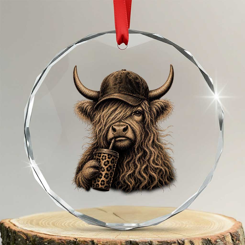 Highland Cow Funny Cute Coffee Lover Graphic Crystal Glass Ornament