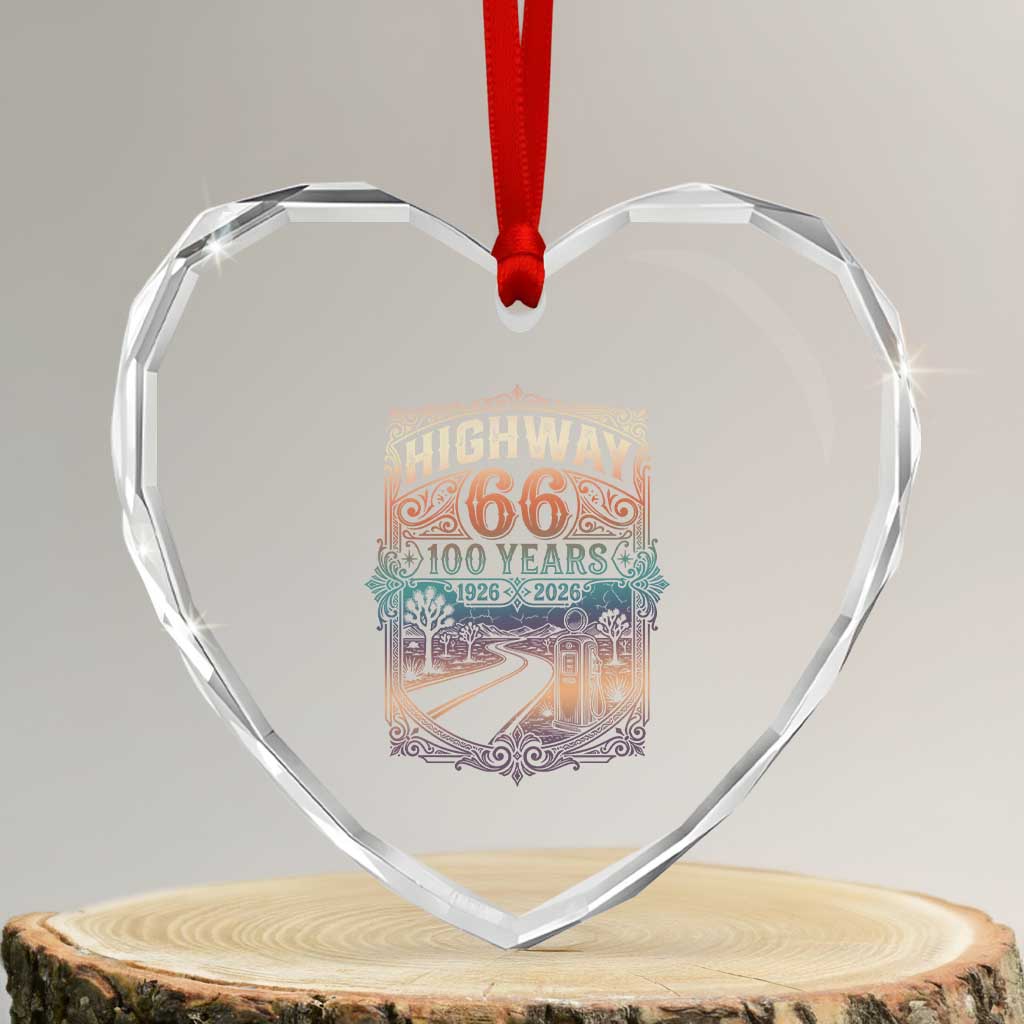 Highway 66 100 Years of the Mother Road Heart Crystal Glass Ornament Centennial 1926-2026 Desert Oasis Retro Rainbow Graphic