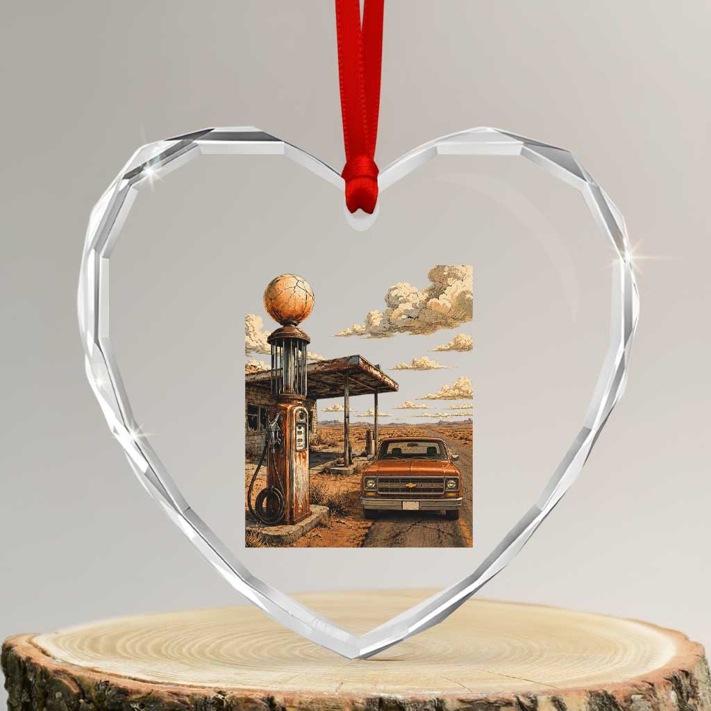 Highway 66 Classic Gas Pump Desert Classic Pickup Truck Car Lover Heart Crystal Glass Ornament