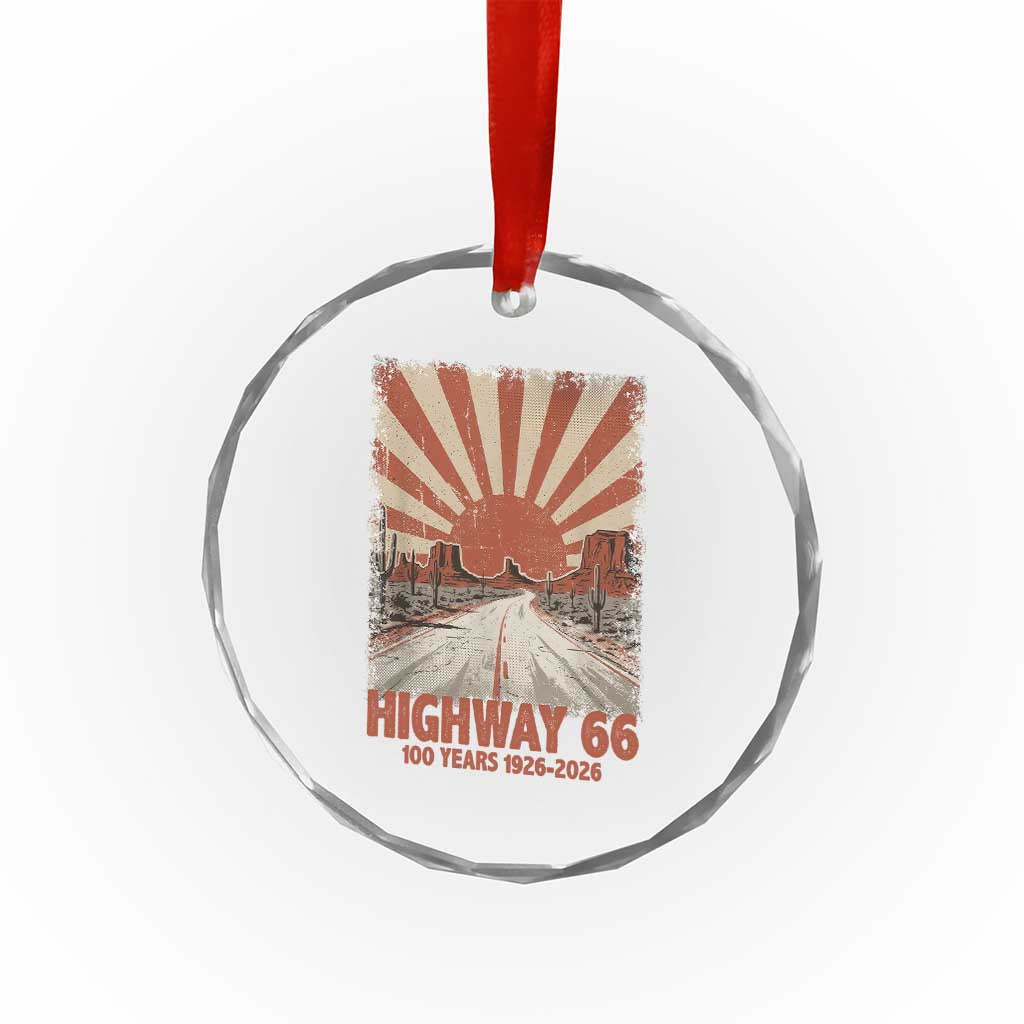 Highway 66 Main Street of America Sunset Horizon Crystal Glass Ornament Centennial 1926-2026 Retro Desert Sunburst Graphic