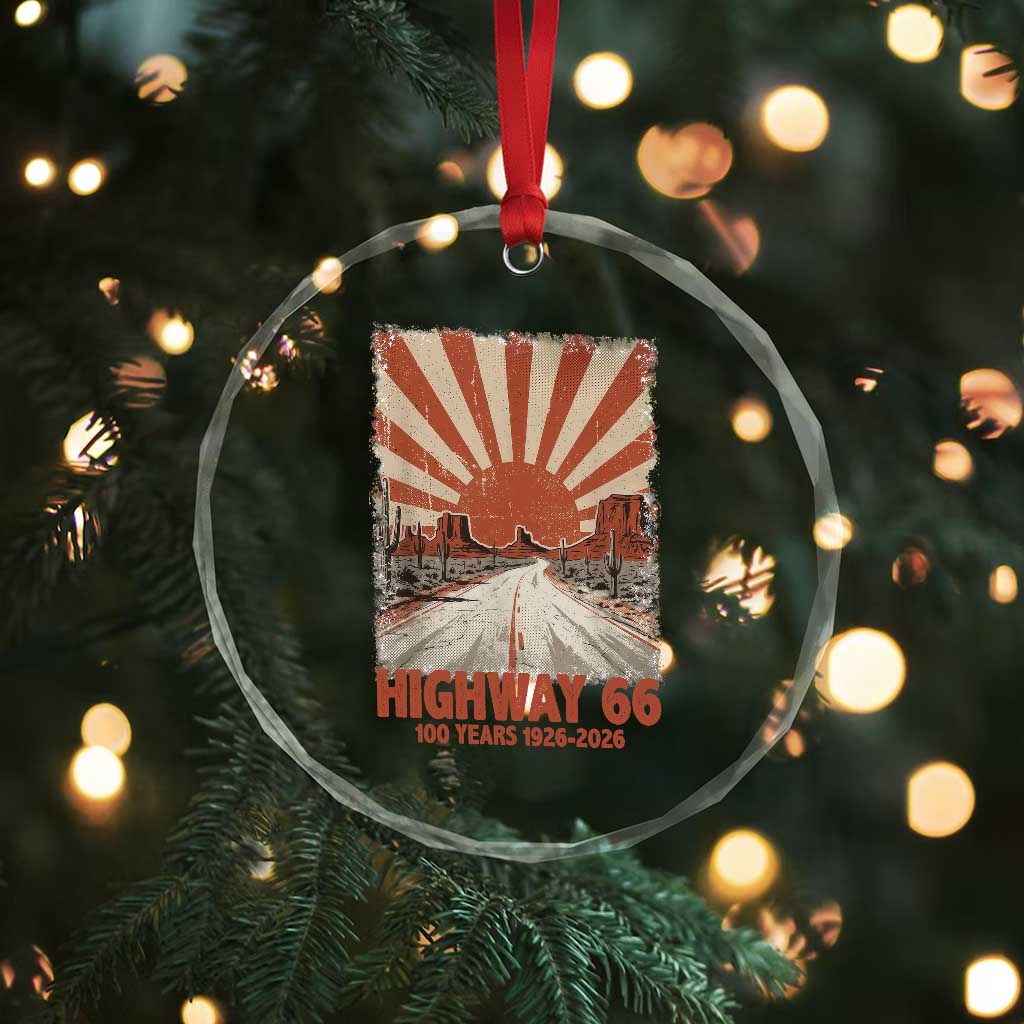 Highway 66 Main Street of America Sunset Horizon Crystal Glass Ornament Centennial 1926-2026 Retro Desert Sunburst Graphic