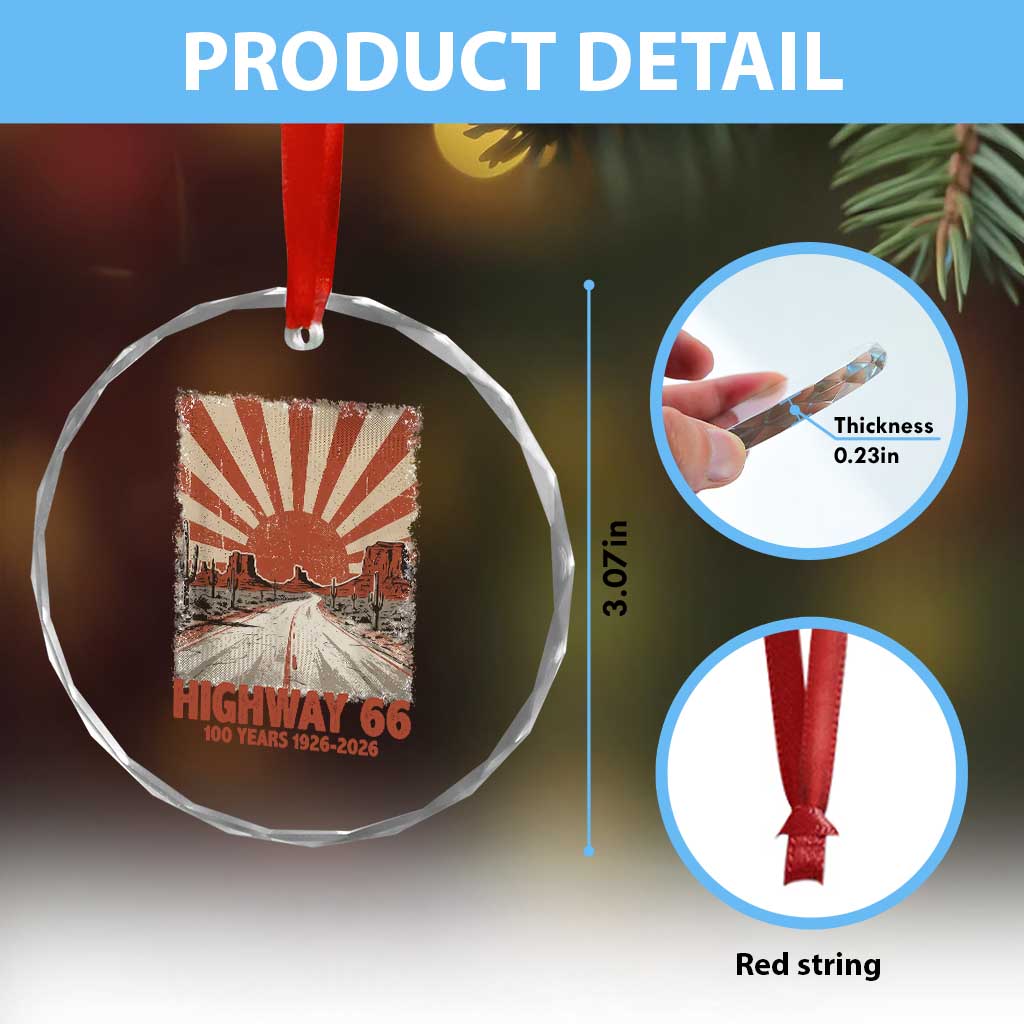 Highway 66 Main Street of America Sunset Horizon Crystal Glass Ornament Centennial 1926-2026 Retro Desert Sunburst Graphic