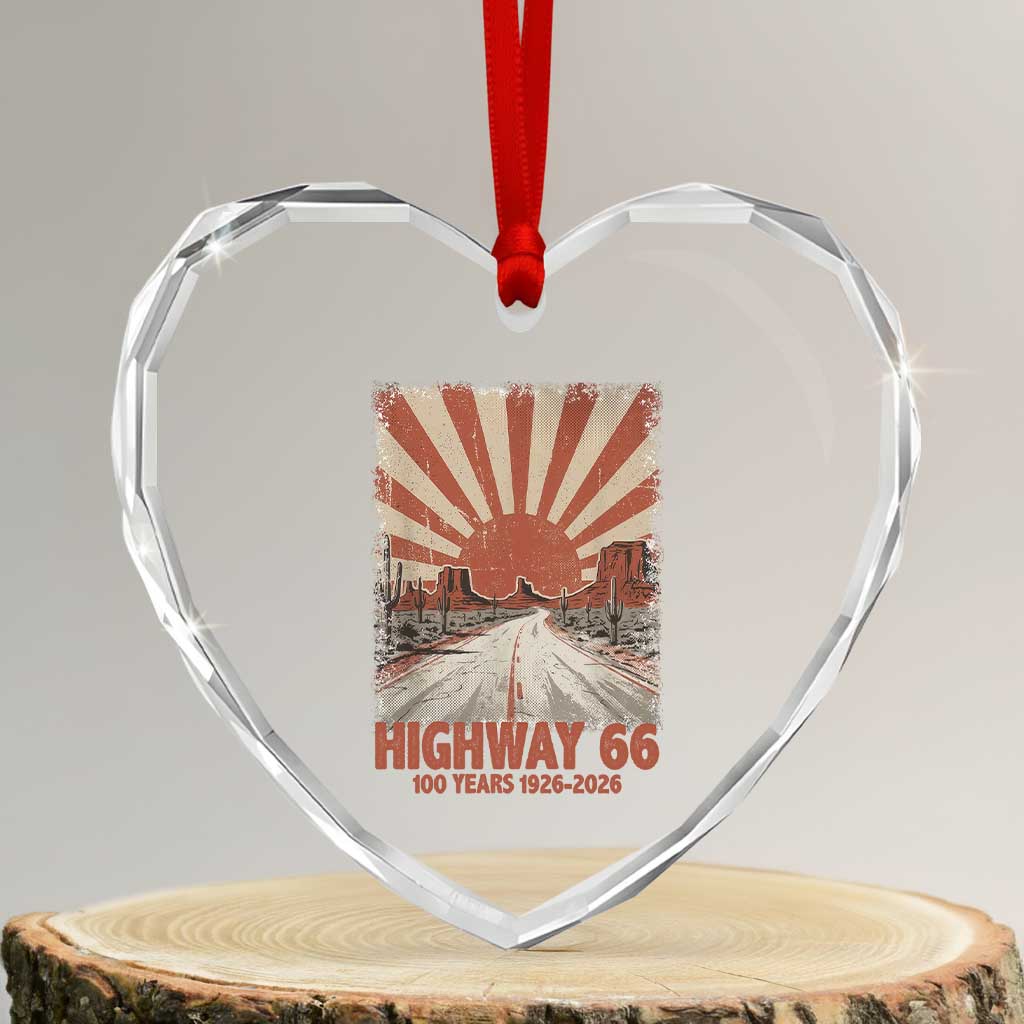 Highway 66 Main Street of America Sunset Horizon Heart Crystal Glass Ornament Centennial 1926-2026 Retro Desert Sunburst Graphic
