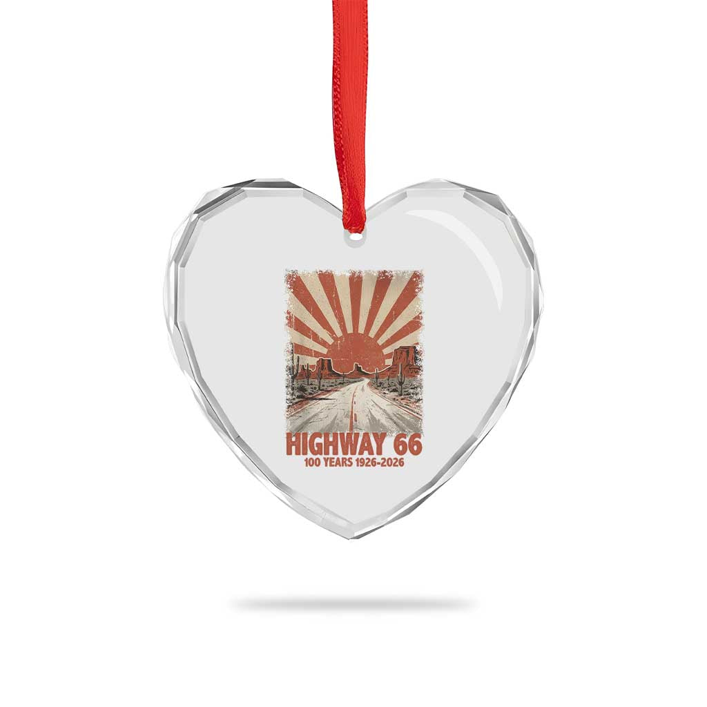 Highway 66 Main Street of America Sunset Horizon Heart Crystal Glass Ornament Centennial 1926-2026 Retro Desert Sunburst Graphic