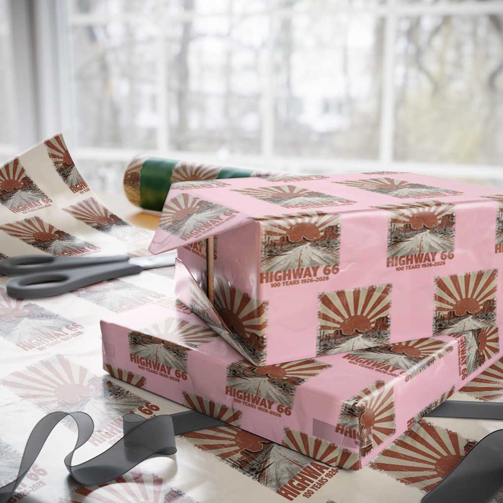 Highway 66 Main Street of America Sunset Horizon Wrapping Paper Roll Centennial 1926-2026 Retro Desert Sunburst Graphic