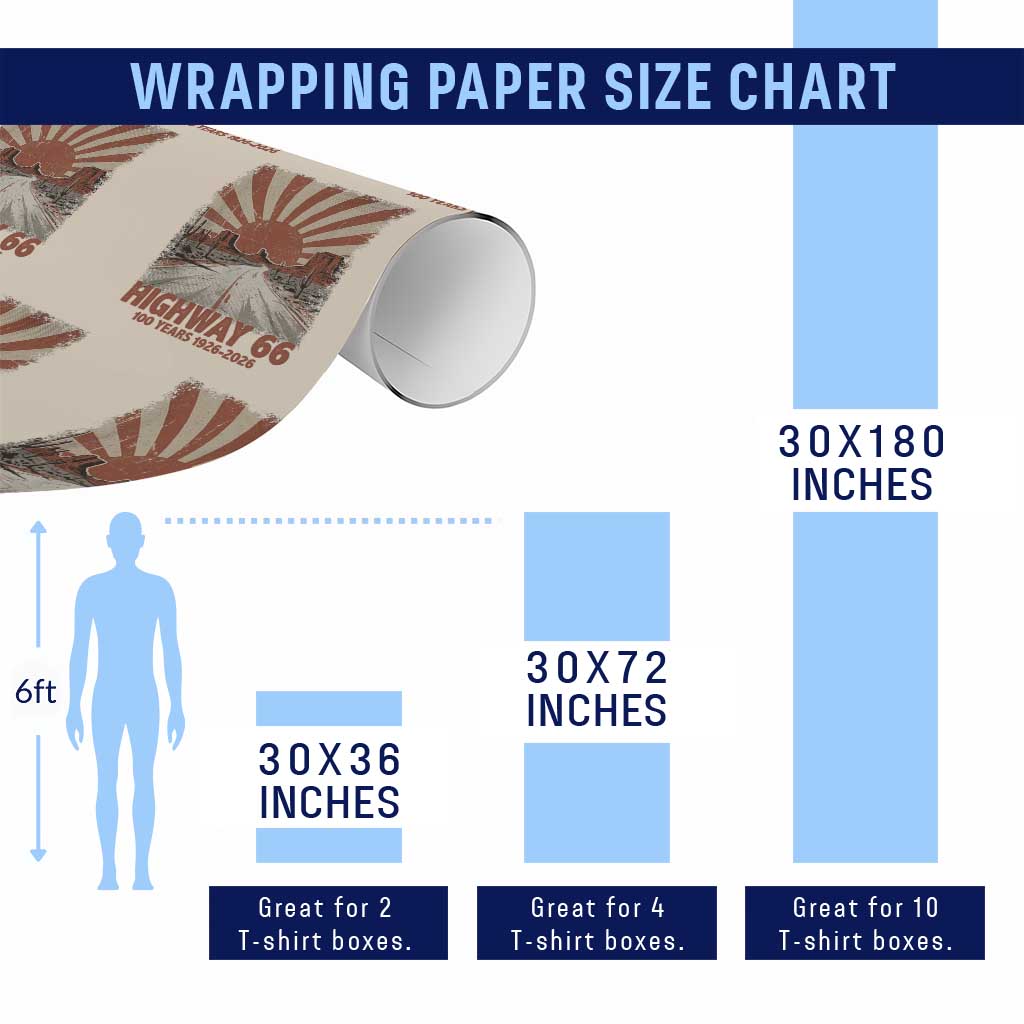 Highway 66 Main Street of America Sunset Horizon Wrapping Paper Roll Centennial 1926-2026 Retro Desert Sunburst Graphic