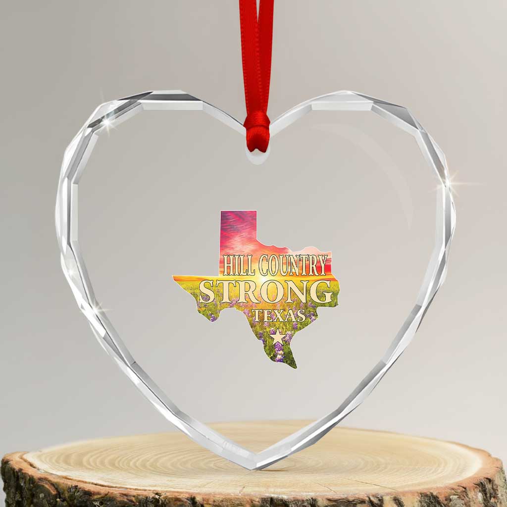 Hill Country Strong Texas Heart Crystal Glass Ornament Sunset Bluebonnet Resilience - Wonder Print Shop