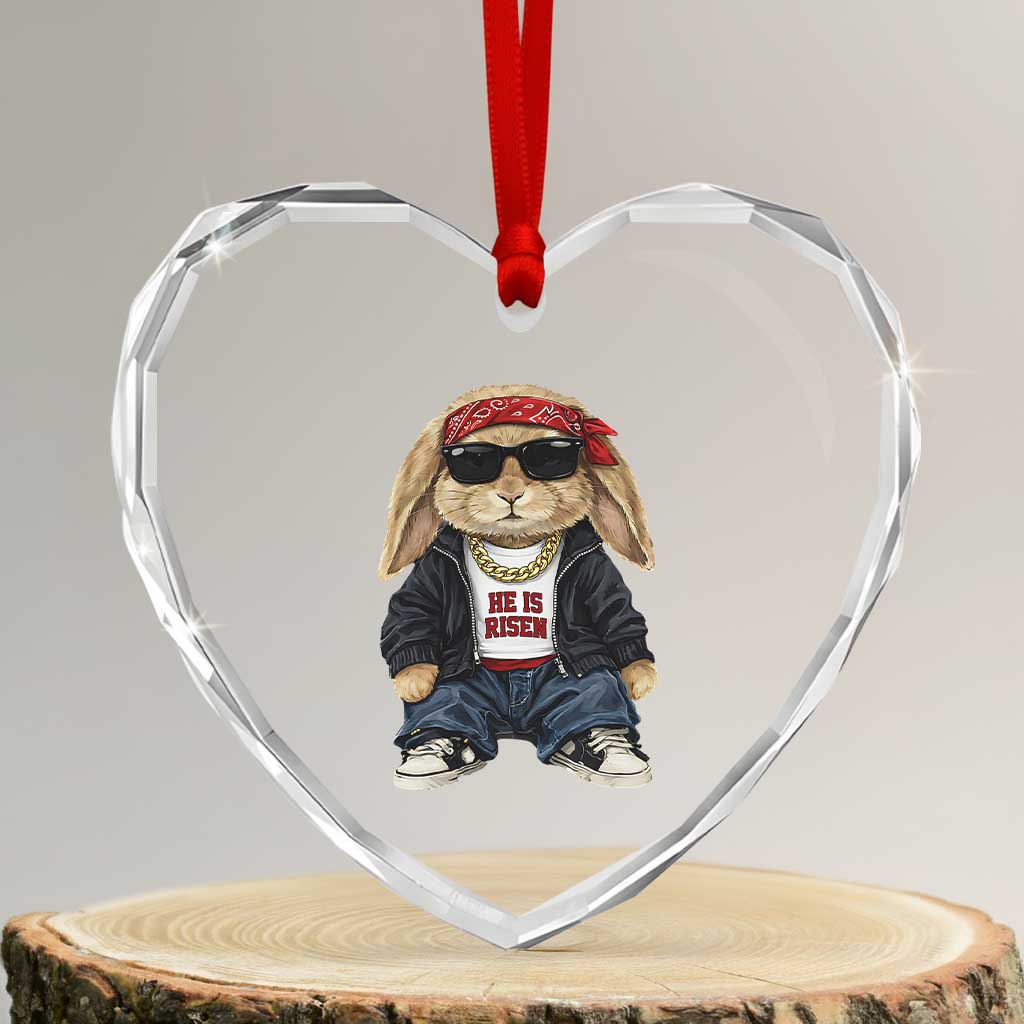 Hip Hop Easter Bunny He is Risen Jesus Religious Christian Heart Crystal Glass Ornament