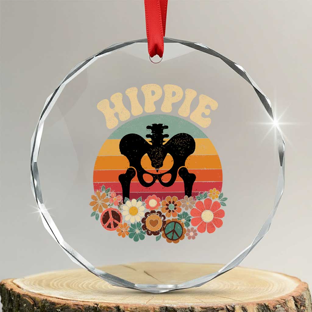 Hip Replacement Recovery Crystal Glass Ornament Hippie 70s Retro Sunset Floral Anatomy Graphic