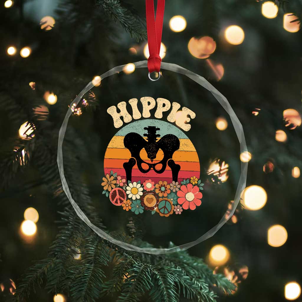 Hip Replacement Recovery Crystal Glass Ornament Hippie 70s Retro Sunset Floral Anatomy Graphic