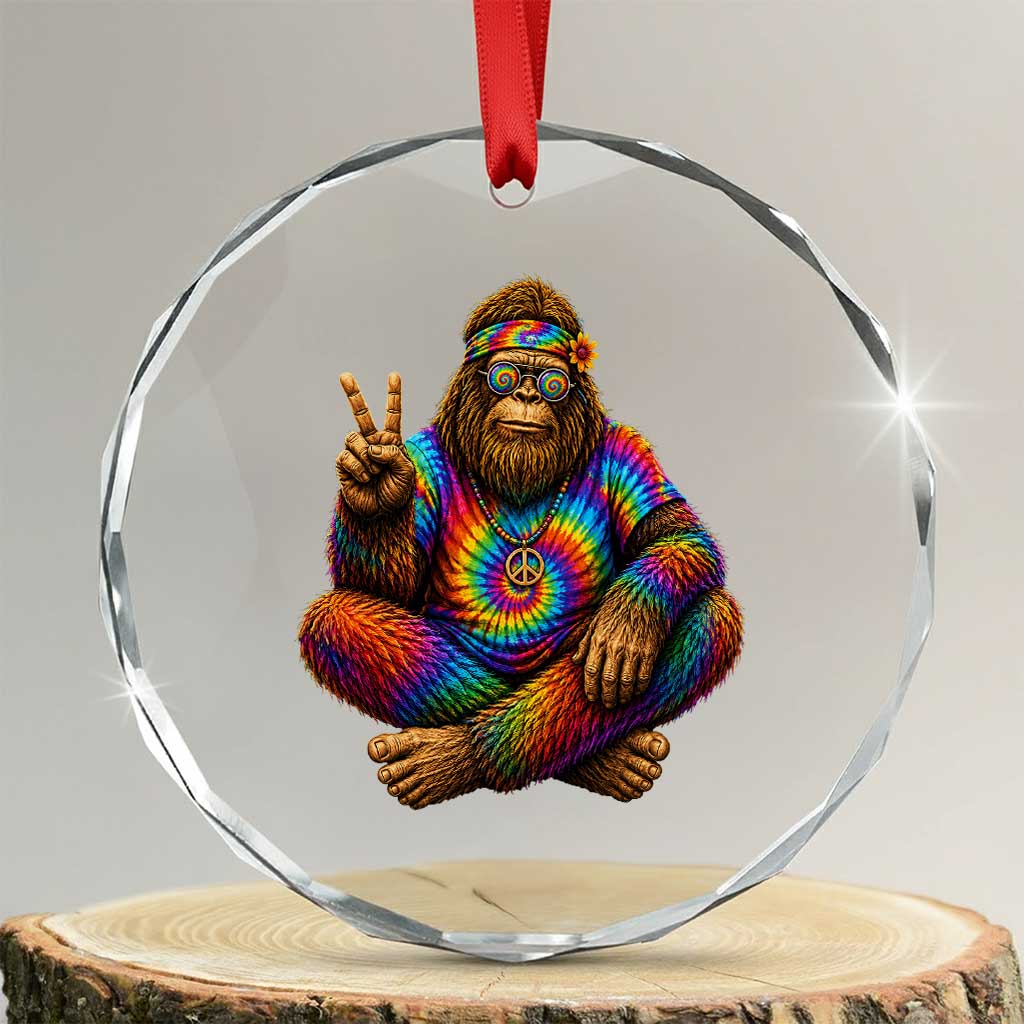 Hippie Bigfoot Peace Sign Tie Dye Sasquatch Crystal Glass Ornament
