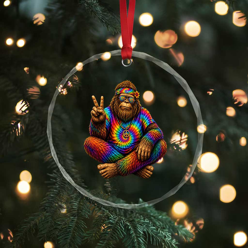 Hippie Bigfoot Peace Sign Tie Dye Sasquatch Crystal Glass Ornament