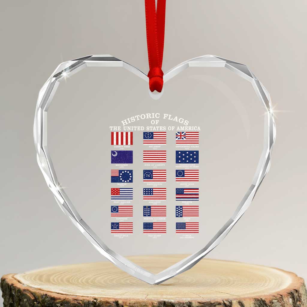 Historic Flags of The United States of America Heart Crystal Glass Ornament US History 4th of July