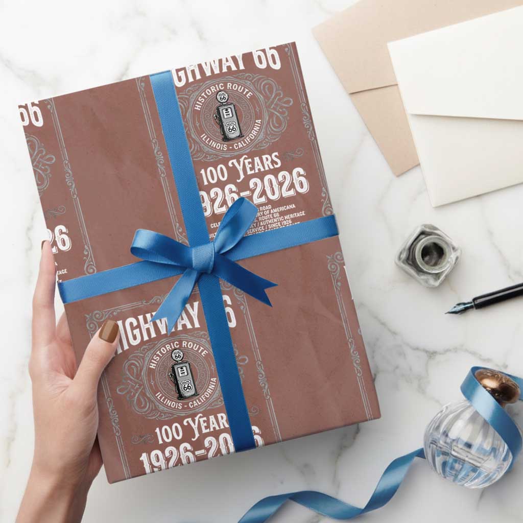 Historic Mother Road Highway 66 Wrapping Paper Roll Centennial 1926-2026 Classic Gas Pump Filigree Graphic