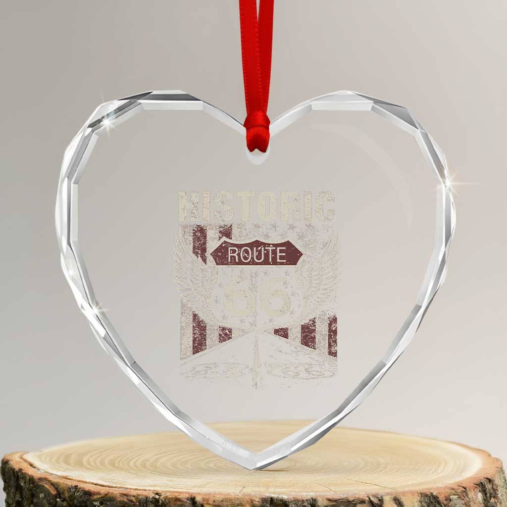 Historic Route Highway 66 Heart Crystal Glass Ornament Vintage American Flag