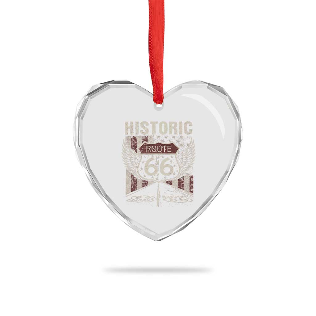 Historic Route Highway 66 Heart Crystal Glass Ornament Vintage American Flag
