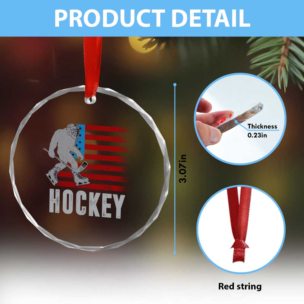 Hockey Bigfoot USA Flag Crystal Glass Ornament Vintage Patriotic Ice Hockey Player - Wonder Print Shop