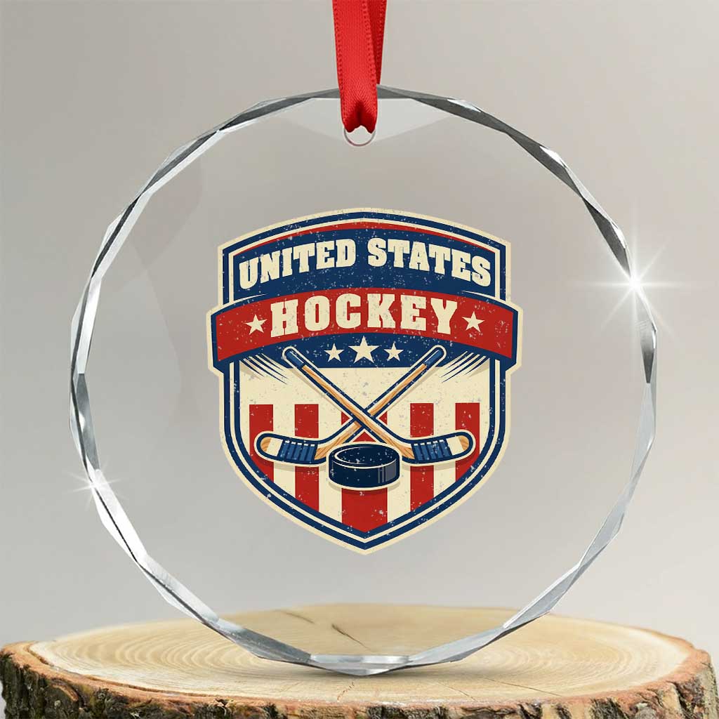 Hockey Crossed Sticks And Puck Retro USA Shield Flag Crystal Glass Ornament Red White Blue Striped Patriotic Sports Fan Pride Graphic