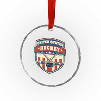 Hockey Crossed Sticks And Puck Retro USA Shield Flag Crystal Glass Ornament Red White Blue Striped Patriotic Sports Fan Pride Graphic