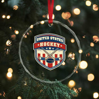 Hockey Crossed Sticks And Puck Retro USA Shield Flag Crystal Glass Ornament Red White Blue Striped Patriotic Sports Fan Pride Graphic