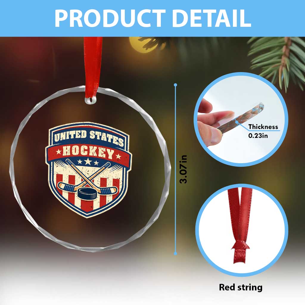 Hockey Crossed Sticks And Puck Retro USA Shield Flag Crystal Glass Ornament Red White Blue Striped Patriotic Sports Fan Pride Graphic
