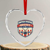 Hockey Crossed Sticks And Puck Retro USA Shield Flag Heart Crystal Glass Ornament Red White Blue Striped Patriotic Sports Fan Pride Graphic