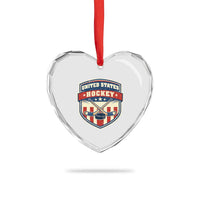Hockey Crossed Sticks And Puck Retro USA Shield Flag Heart Crystal Glass Ornament Red White Blue Striped Patriotic Sports Fan Pride Graphic