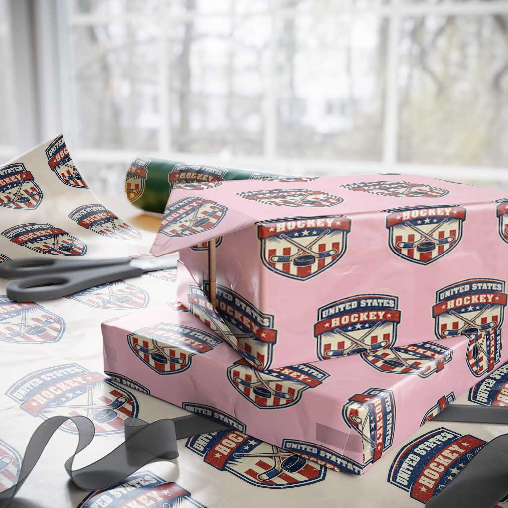 Hockey Crossed Sticks And Puck Retro USA Shield Flag Wrapping Paper Roll Red White Blue Striped Patriotic Sports Fan Pride Graphic