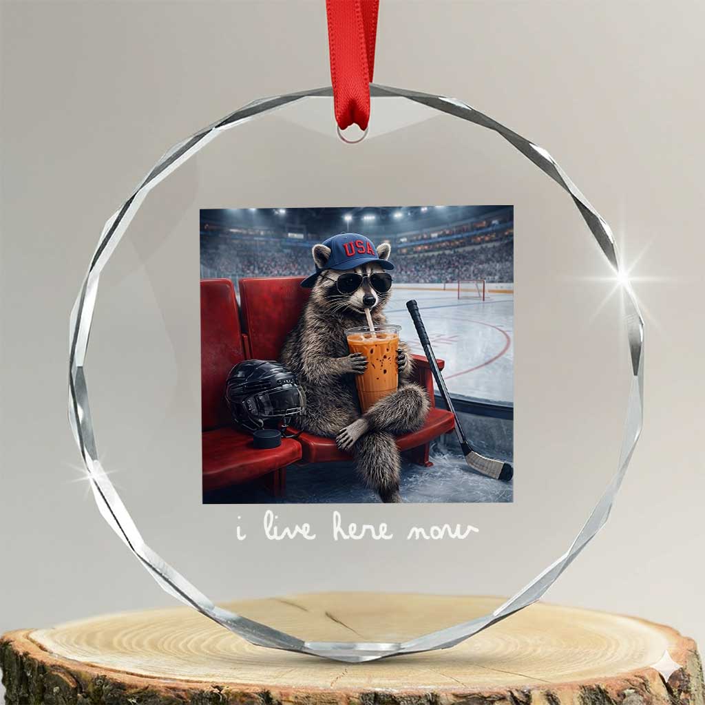 Hockey Mom Raccoon Iced Coffee Crystal Glass Ornament I Live Here Now