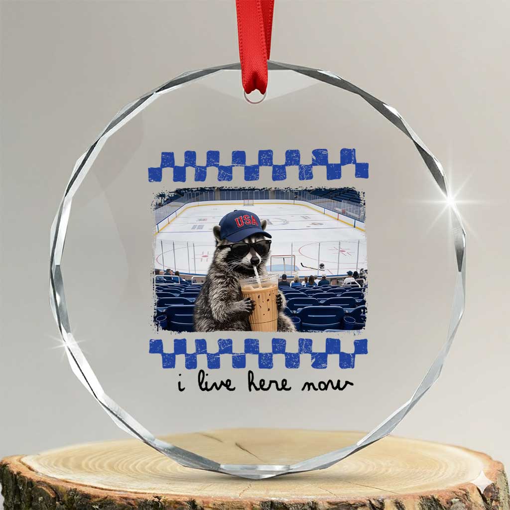 Hockey Mom Raccoon Iced Coffee Crystal Glass Ornament I Live Here Now
