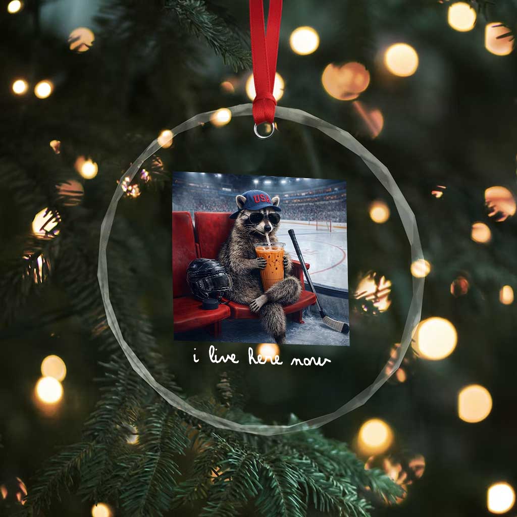 Hockey Mom Raccoon Iced Coffee Crystal Glass Ornament I Live Here Now