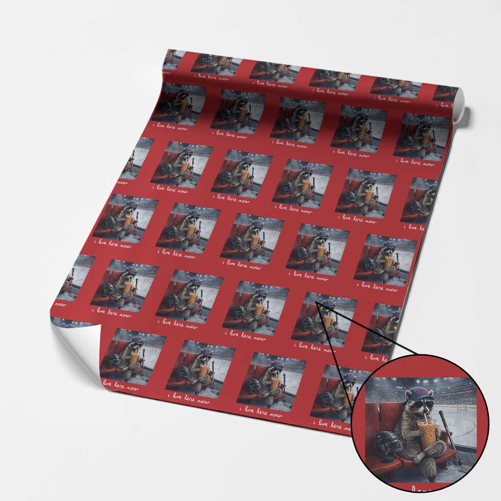 Hockey Mom Raccoon Iced Coffee Wrapping Paper Roll I Live Here Now
