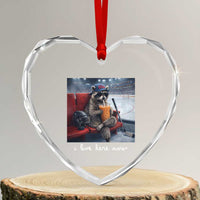 Hockey Mom Raccoon Iced Coffee Heart Crystal Glass Ornament I Live Here Now