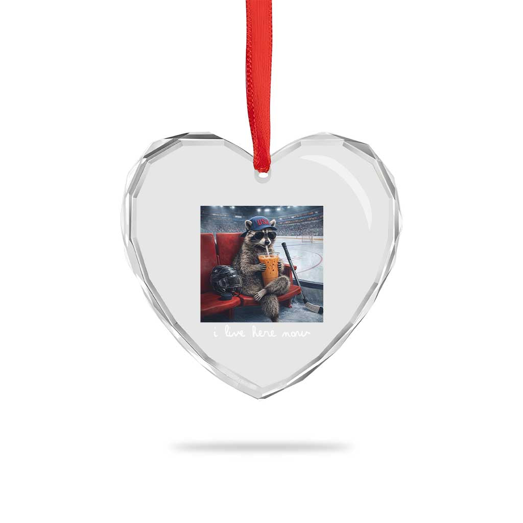 Hockey Mom Raccoon Iced Coffee Heart Crystal Glass Ornament I Live Here Now