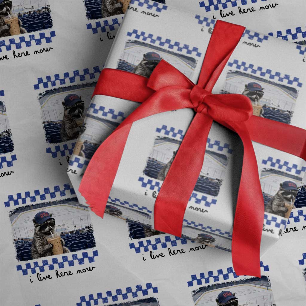 Hockey Mom Raccoon Iced Coffee Wrapping Paper Roll I Live Here Now
